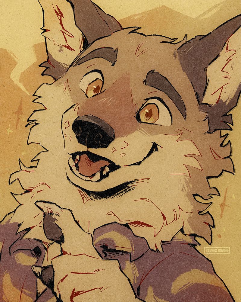 An anthropomorphic coyote in a shirt with a banana design, talking happily.