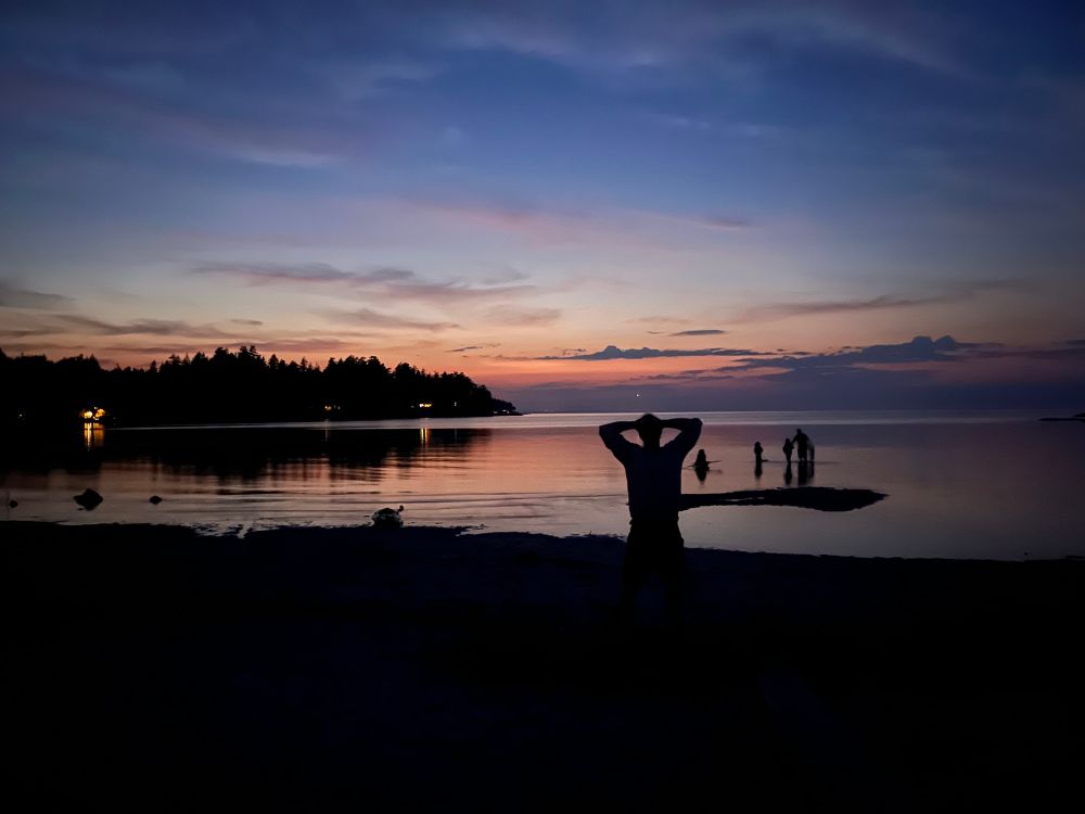 a beautiful sunset with cotton candy coloured skies. in the foreground corwin stands with his arms up behind his head, but he is just a shadow. 