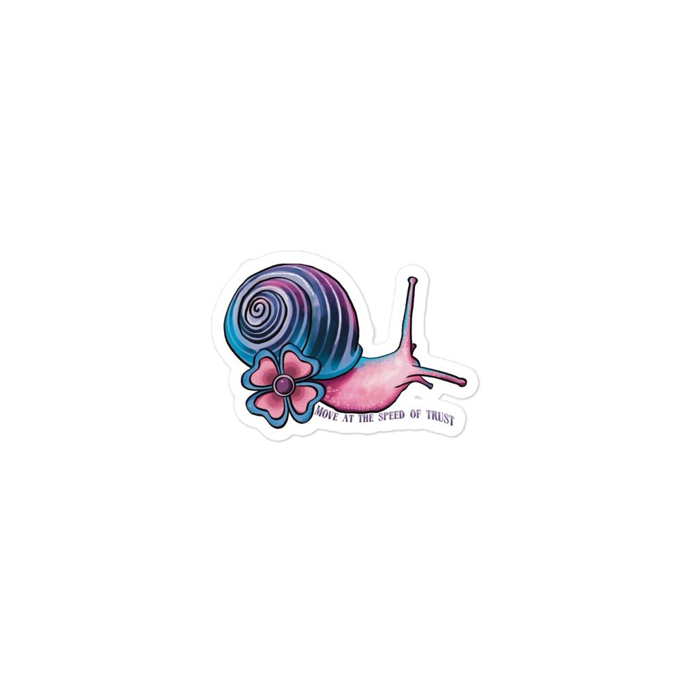 a sticker of baileys queer snail drawing with the words “move at the speed of trust” below a metis floral 
