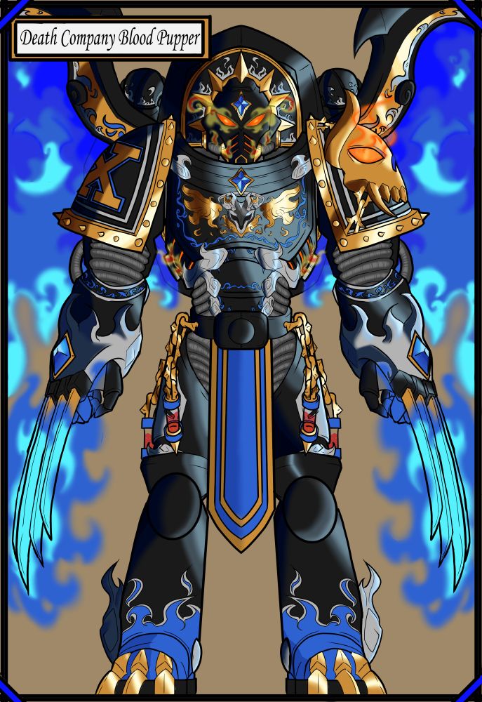A member of the death company. It has the same design as the singuinary gaurd marine, but is mainly black with blue fire, gold claws, and a golden demon skull. The angel form sinder mask that was once bright and aflame is now grey and inert.