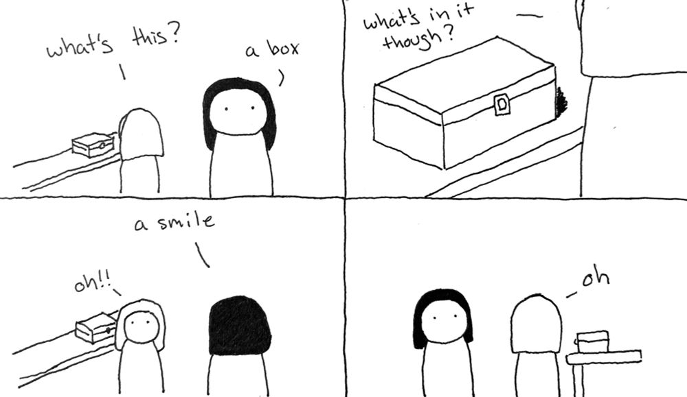 four panel comic, one person asks another what's in a box, the other replies a smile. The first is excited and then thinks harder about the response