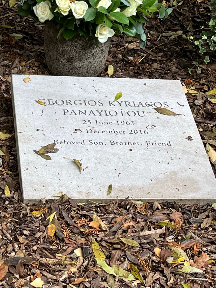 The grave marker for Georgios Kyriacos Panayiotou, reading “Beloved son, Brother, Friend”. 
The world knew him by an anglicized version of his name as a monumental singer, songwriter & entertainer. 