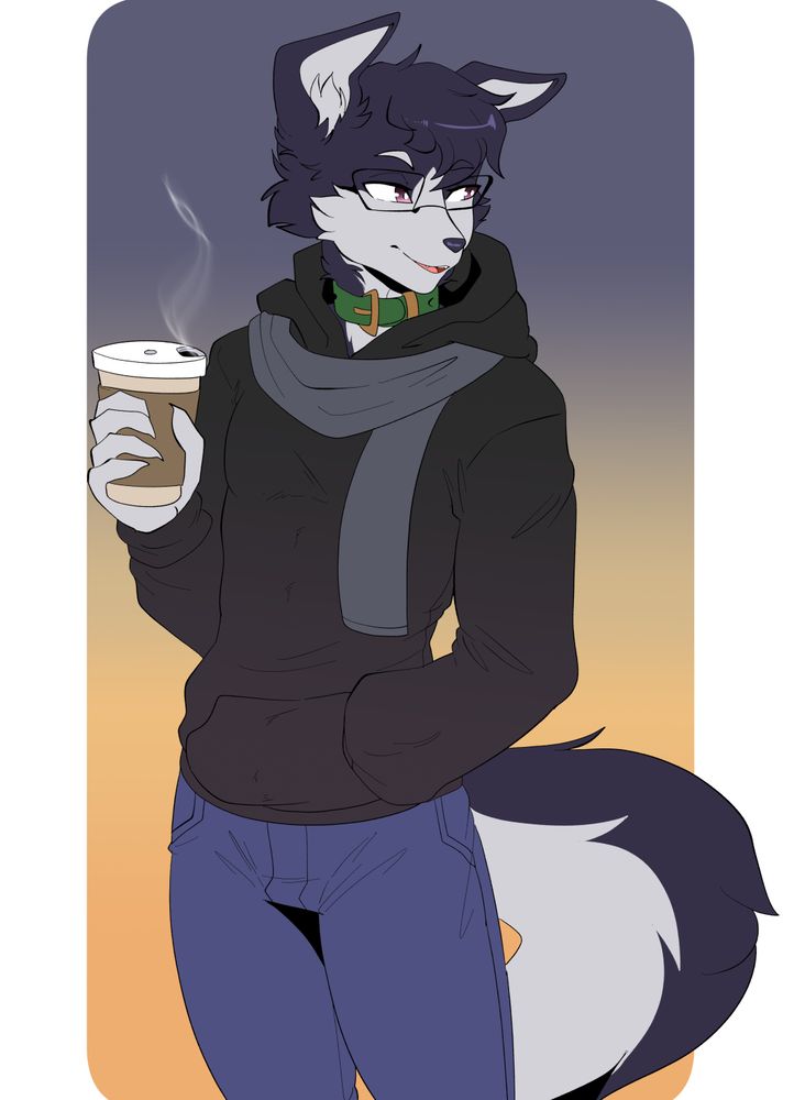 Anthro Husky/Collie wearing square-framed glasses, a green collar, dark gray hoodie, gray scarf and blue jeans. His smiling with a cup of coffee in his right hand and his left hand in his jacket pocket. Art by @munkeesgomu.bsky.social