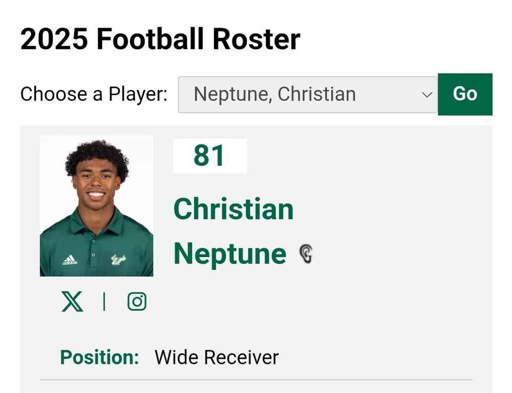 Player page for USF wide receiver Christian Neptune