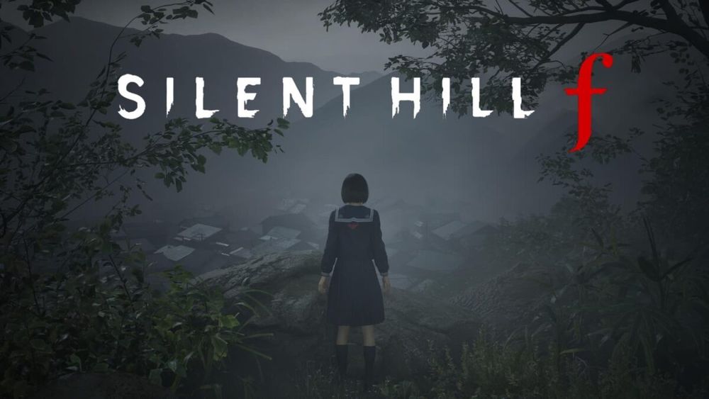 a young girl in a Japanese school uniform stares at the Silent Hill f logo which has appeared in the sky over a village at the bottom of a foggy valley