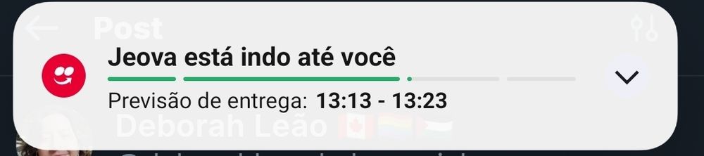 Print da notificação do ifood. Ta escrito JEOVÁ ESTÁ INDO ATÉ VOCÊ 