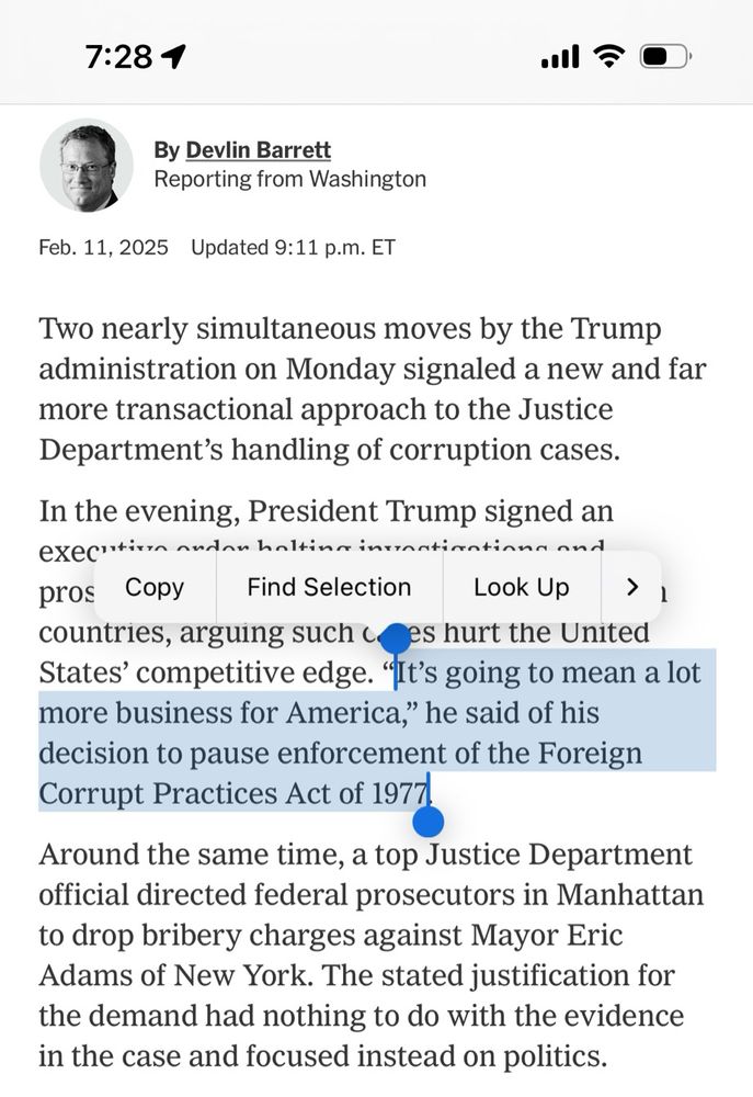 NYT article showing the following text selected: “It's going to mean a lot more business for America," he said of his decision to pause enforcement of the Foreign Corrupt Practices Act of 1977.”