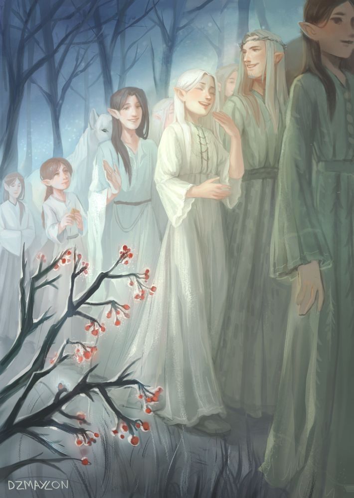High elves are walking through forest, with a little glowing effect around. Elves aren’t sad or afraid, they walk casually while laughing. The view we see this seems like we spying on them from the bushes, just like the hobbits did! 