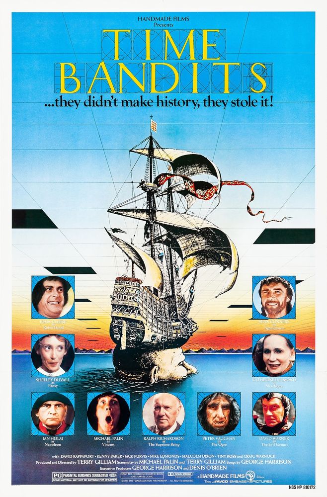 Poster for TIME BANDITS, directed by Terry Gilliam, whose hand is also evident in this poster. Poster shows a scene from the movie in which a giant stands rising out of the sea, with a sailing ship sitting on his head. An airbrushed sky has been gridded into squares (resembling a dropped ceiling) and some of these squares are open black holes to space(?)…won't expand on this without spoiling the movie.

The poster features thumbnail images of main actors including the late Katharine Helmond, the late Ian Holm, Michael Palin, the late Sean Connery, the late Shelley Duvall, and the late David Warner.

The main title is rendered in Dürer-like geometrically constructed capitals, with the construction lines intact. This evokes a "blueprint" which is a major theme of the movie. 

Subhead is in Goudy Bold: "…they didn't make history, they stole it!"

So the major plot points are covered by the poster in visual metaphor.
