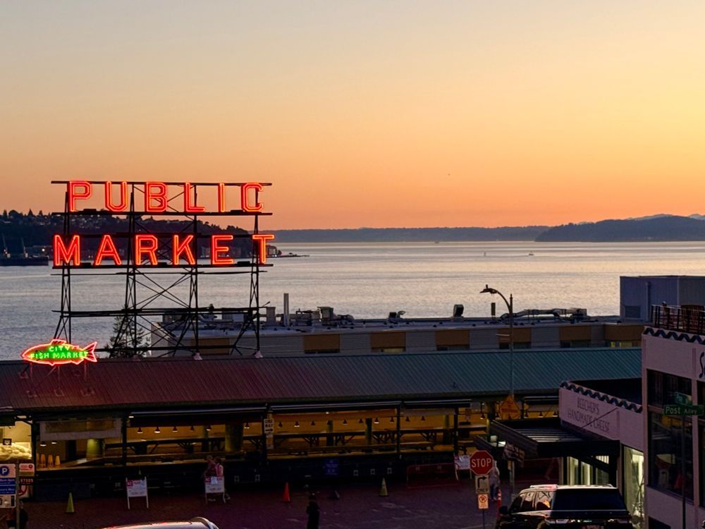 Pike Market sign at sunset. 
