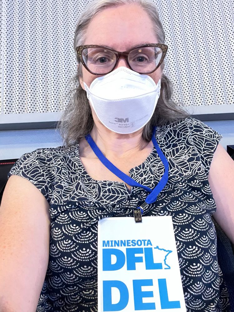 Amy takes a selfie with her Minneapolis DFL delegate badge
