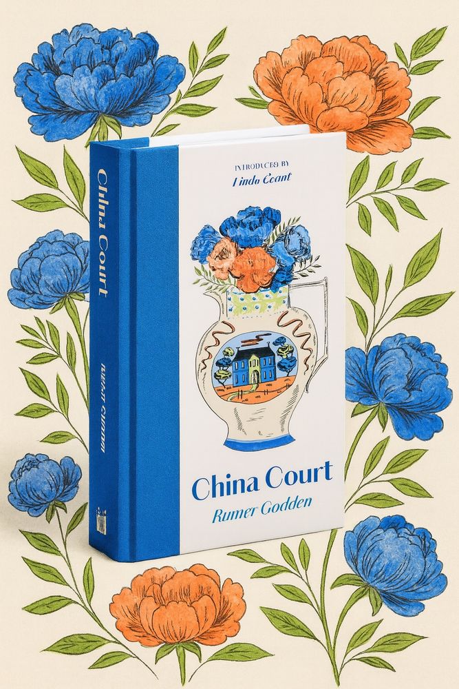 China court by Rumer Godden - a hard back Manderley Press book with a blue cloth spine and a jug of flowers on the front cover, surrounded by illustrations of the same flowers on blue and orange. 