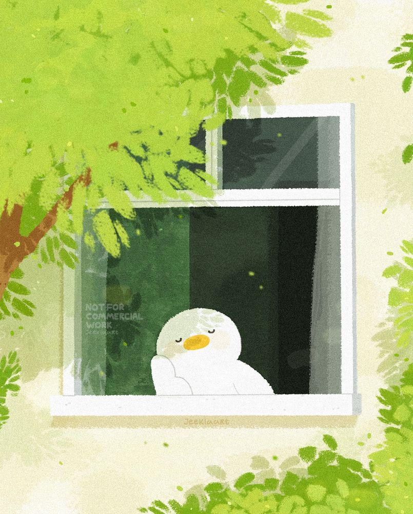 Illustration of a window scene. The window is located on a light beige building with lush green trees casting shades against the window. In the window sits a small while duck leaning against the windowsill with it’s head on it’s wings sleeping in the shade & sunlight. The walls inside the window are dark green & you can see white curtains hanging on the sides of the window. 
