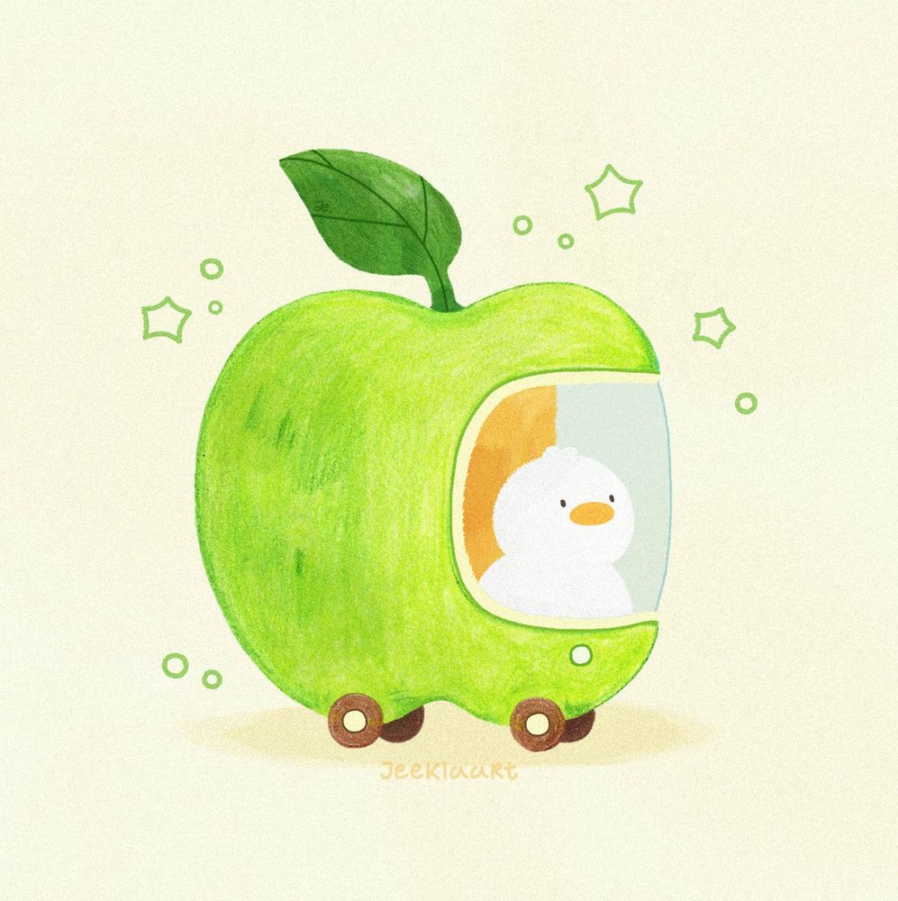 Illustration of a small white duck driving a car shaped like a green apple with a leaf on the top. Inspired by illustrations done by the artist and author Richard Scarry. 