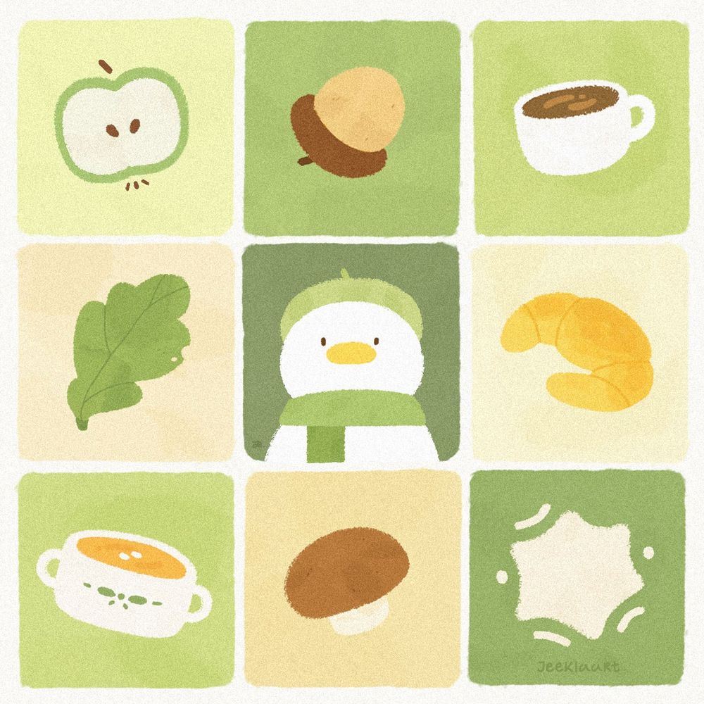 Autumn themed digital illustration in a checker board pattern. From left to right is a green apple, an acorn, a cup of coffee, oak leaf, a duck wearing hat & scarf, a croissant, a bowl of soup, mushroom and a star shape.

