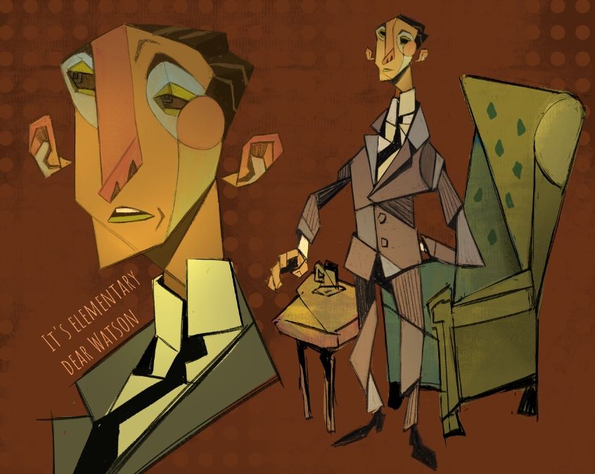 Portrait of Sherlock Holmes and him in front of his armvhy