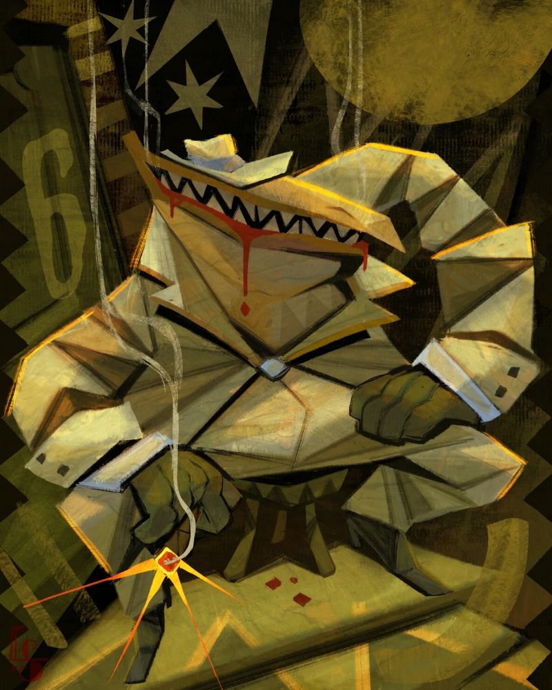 A pelican monster wearing a white trilby hat and a white suit, holding a cigar and smiling with blood dripping from his mouth. He is sitting on a small stool in an abstract street.