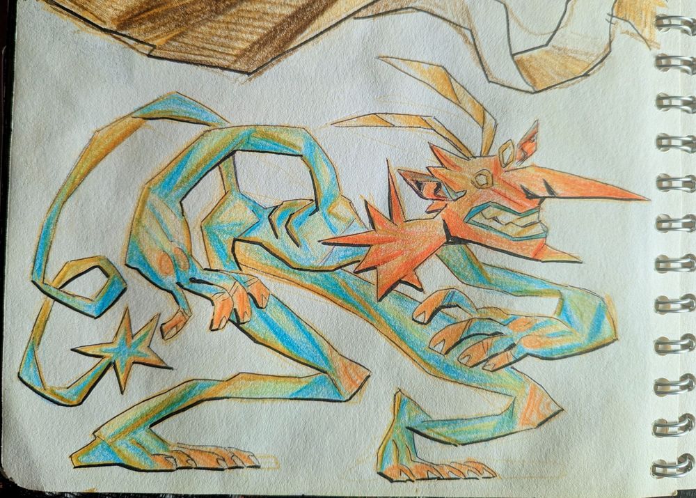 coloured pencil drawing of a blue demon with a red head