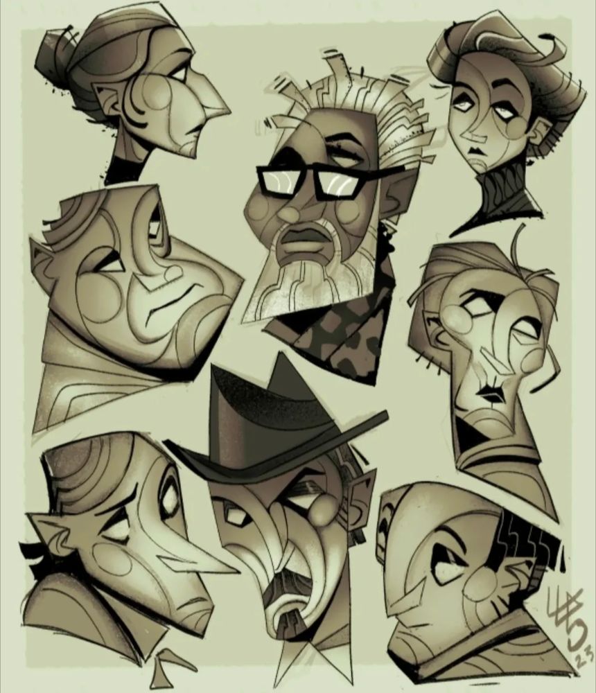 2023. Various faces made in a cubism style with   skewed faces