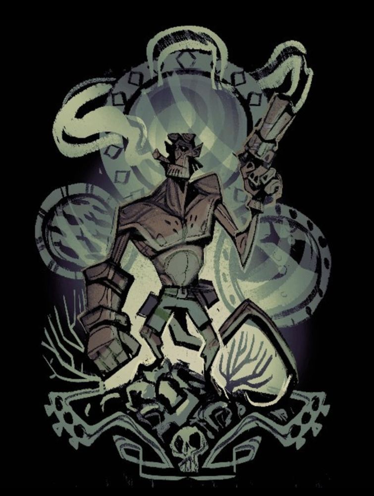 Hellboy smoking a cigar and holding his gun. He is atop of a pike of coral, a skull and tentacles. 
