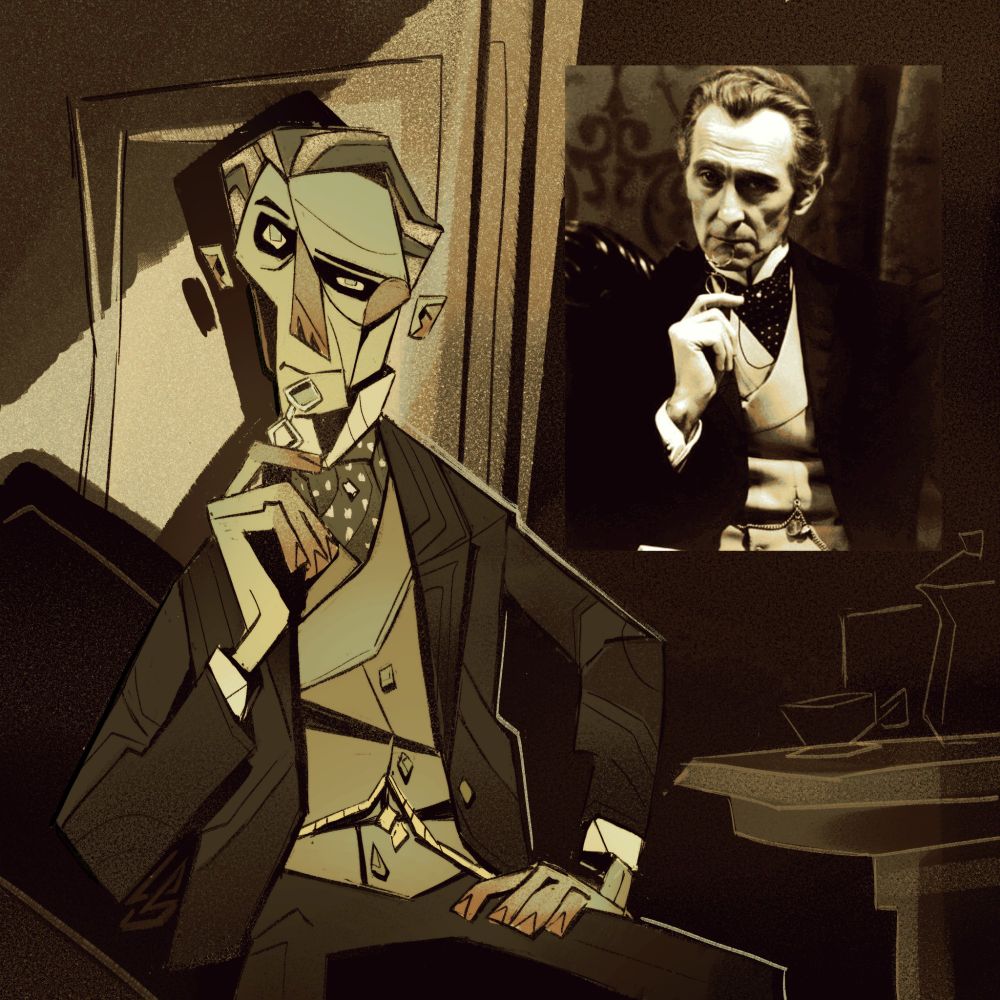 Study of Peter Cushing in a stylised dark comic way.