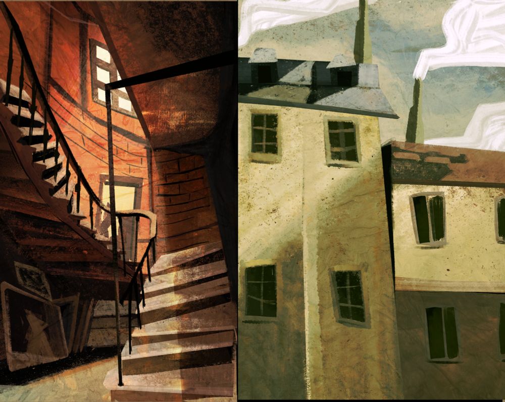 Gouache painting of a staircase with impossible angles. Next some buildings.