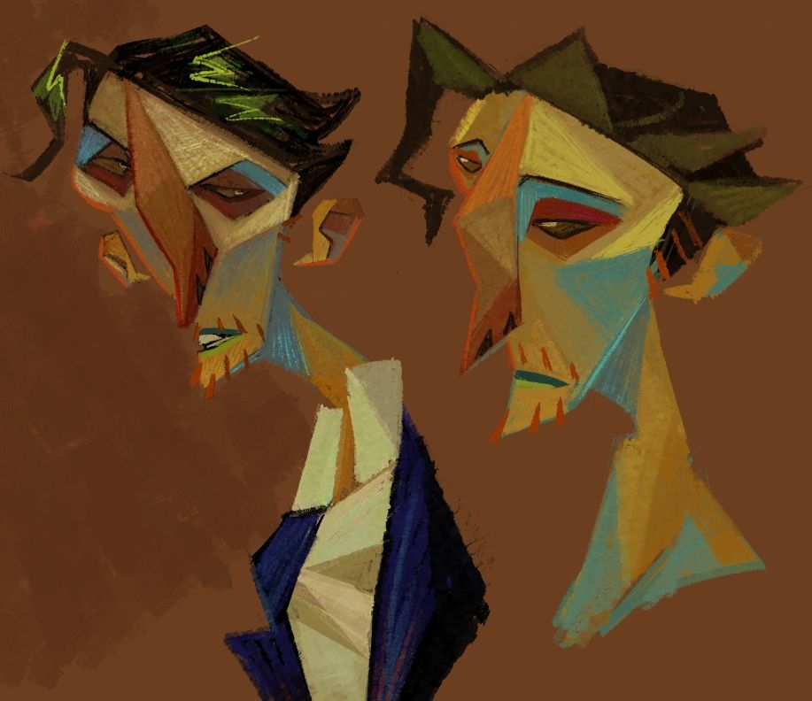 Portrait of René in an expressive style with complementary colour palette. A man with jaundice, a big crooked nose , greasy black peppered hair and a red patchy beard