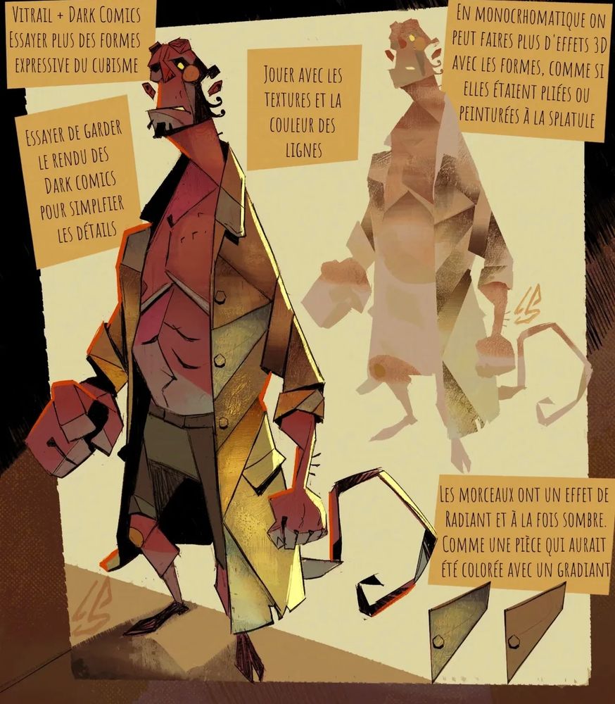 A mix of cubism/vitrail & Dark comic style of Hellboy. A red devil wearing a trench coat 