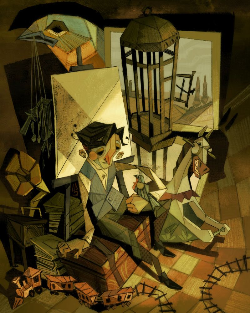 A young boy holding a robin in his hand. He is sitting on a cofer. Surrounding him there are various toys, books, a gramophone, a bird cage, a rocking horse and a giant bird holding an adult version of him as a puppet.