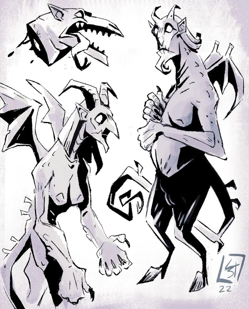 Dark comic style of gargoyle. Top left has its head cut, below is a gargoyle with sharp nose and chin. next is a bigger gargoyle with hoved legs.