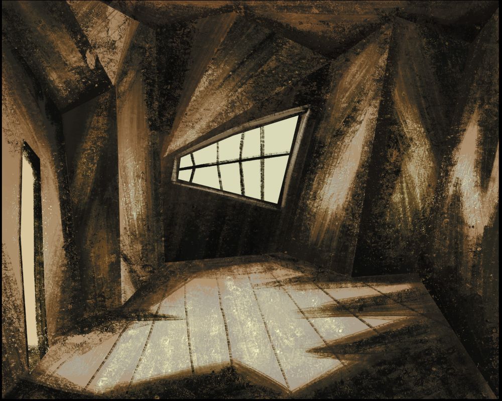 Study of the bedroom from the movie The Cabinet of Dr. Caligari. It is a room with skewed angles made with charcoal