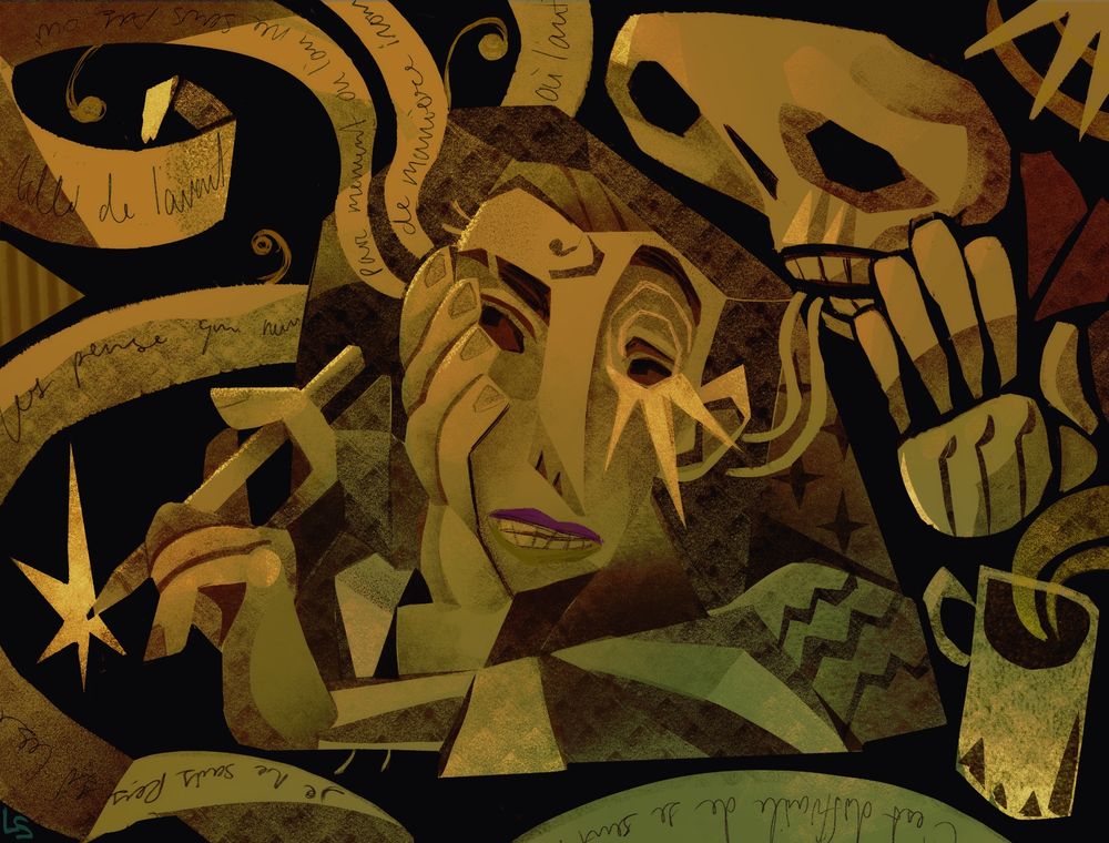 Autoportrait. A person holding a pen and their face with a skeleton whispering words into their ear. The words are swirling around the scene.