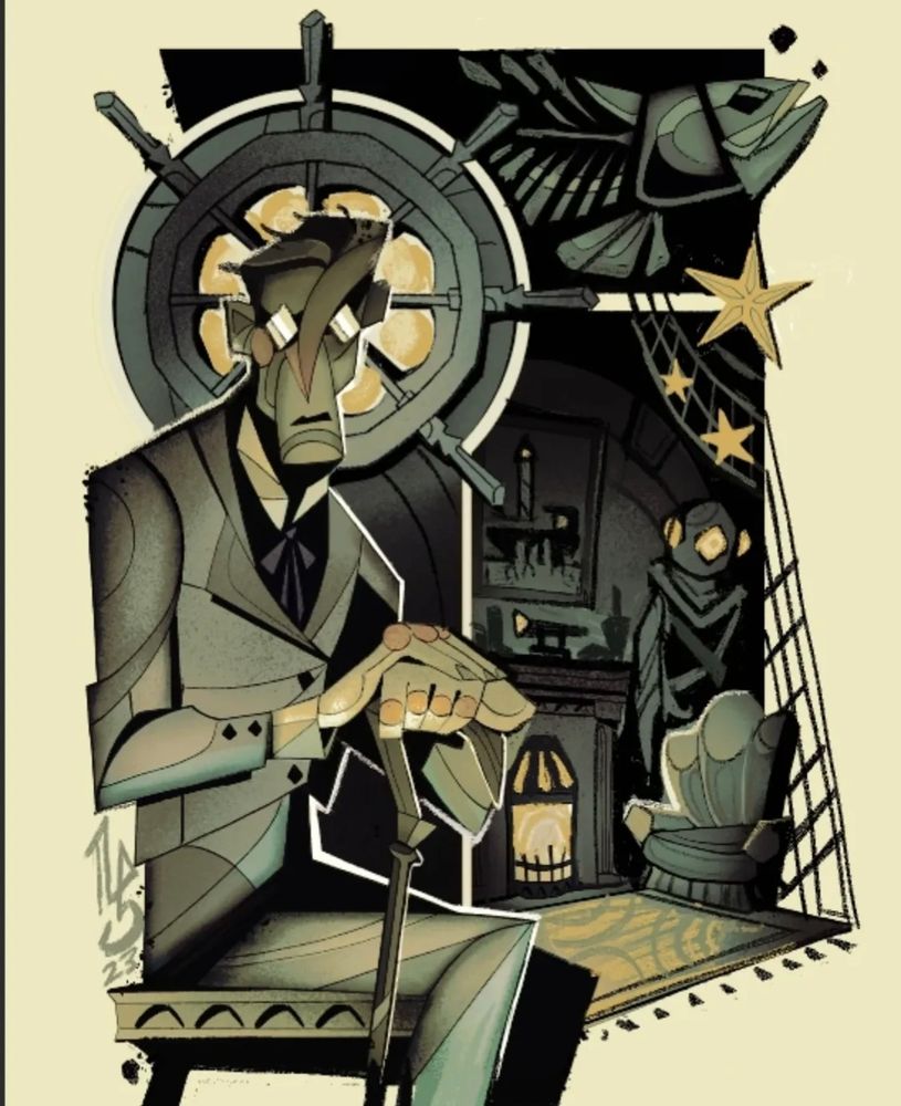 2023 A man in a cubism/vitrail style sitting in a lounge