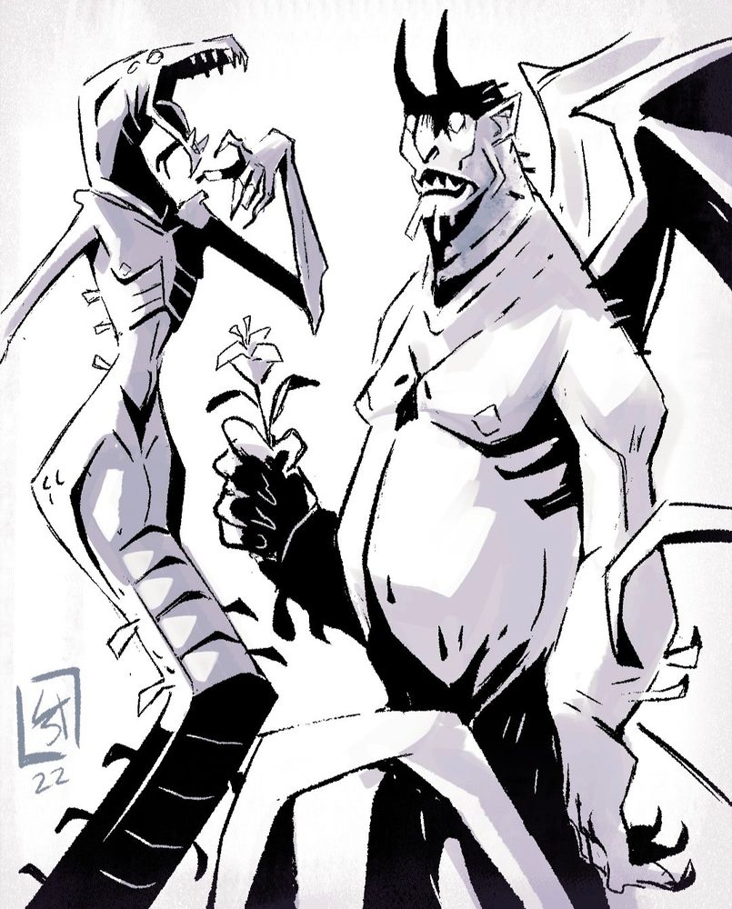 A snake monster and a big gargoyle next to it, holding a flower