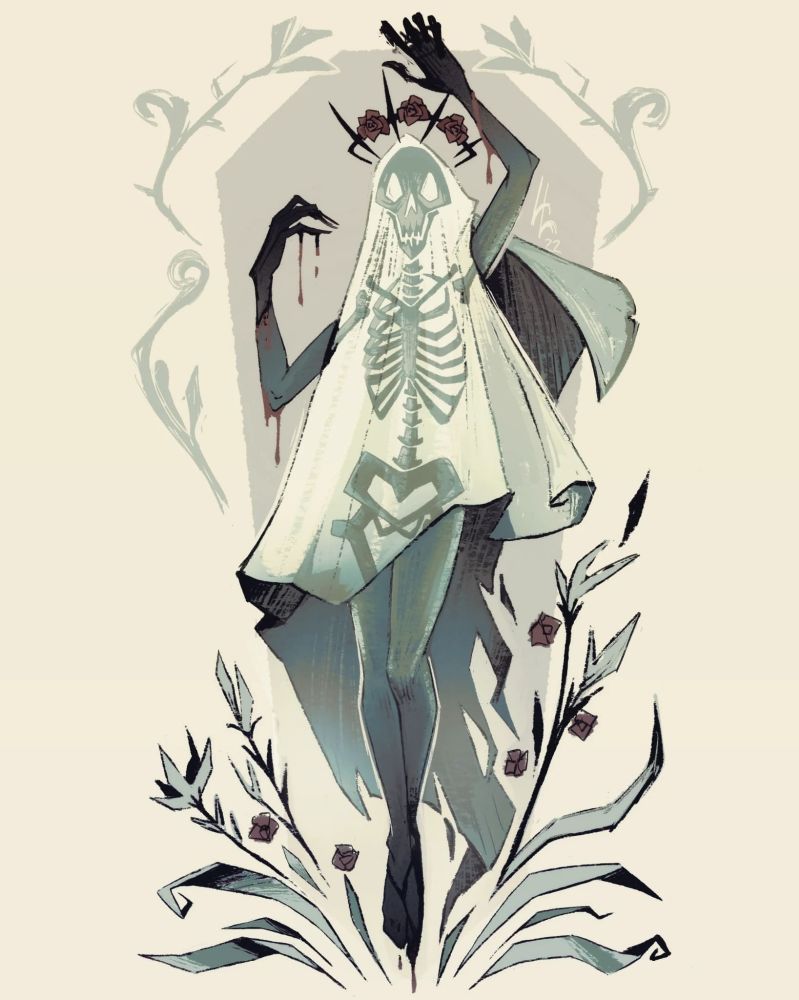 A banshee drape with a veil reveilling a skeleton. Old "Valentine" drawing from 2021/2022