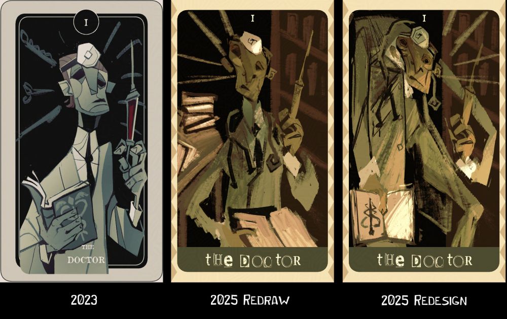 A man in a doctor outfit, holding up a seringe in his left hand and a book in his right.  The two other cards is the same but with more distorted features 