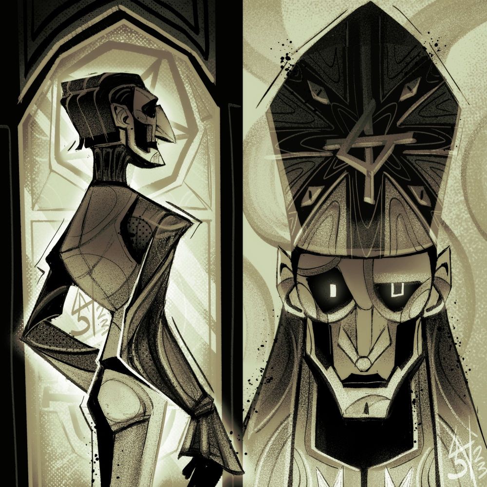 Back shot and front portrait with his satanic mitre