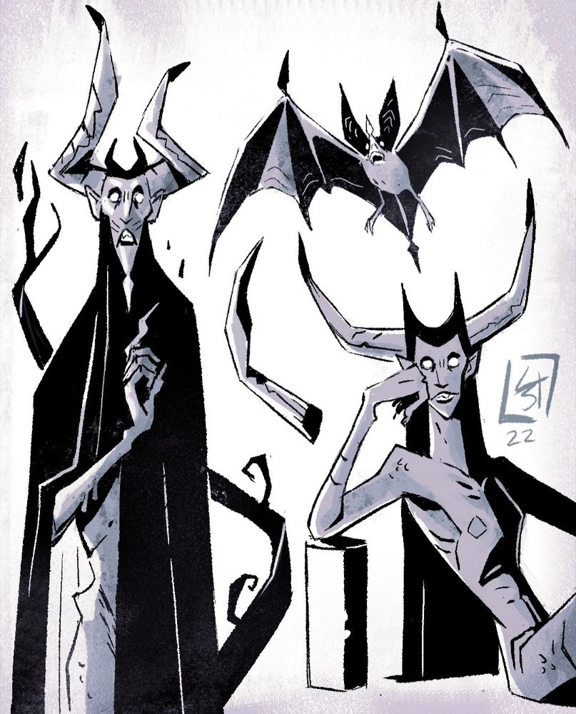 Long gargoyle in a cape holding its left finger up. Next is a bat and underneath is a gargoyle resting its arm on a podium 
