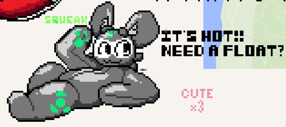 Pixel art of a pooltoy sprite saying “It’s hot! Need a float?”