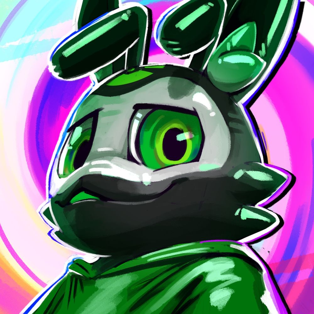 Sprite, A Black bunny with green nuclear symbols, looks down at the viewer with a smug look.