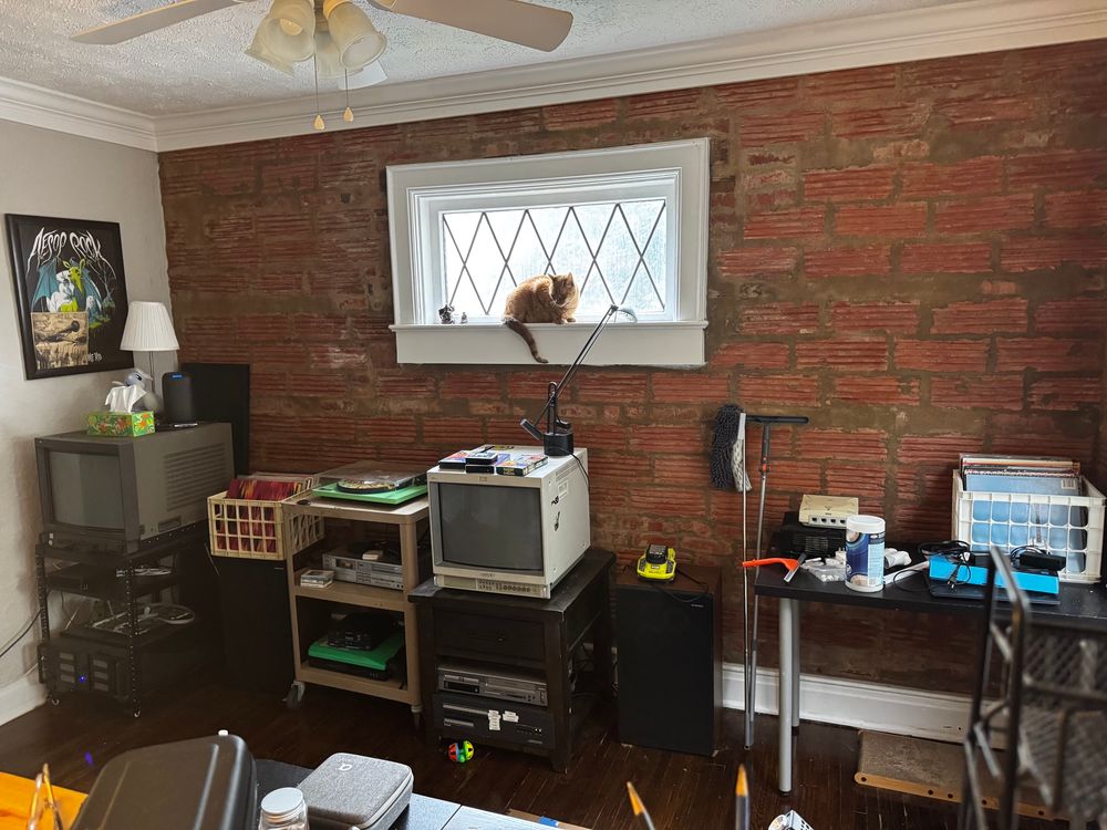 Orange cat in windowsill of brick wall in dining room