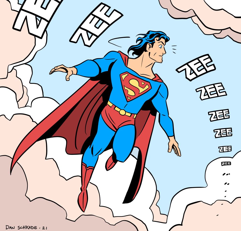 An airborne Superman with the long hair he had when I first read his comics, picking up the zee zeez from Jimmy's signal watch  