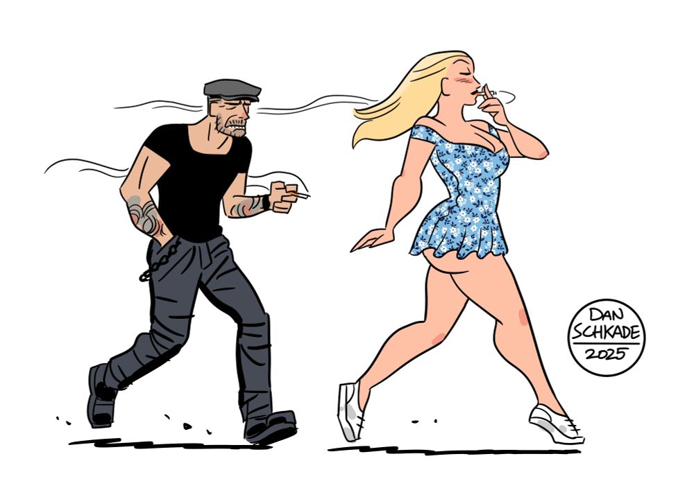 A couple -- a small, surly little man in a black shirt and a tall, stacked blonde in a preposterously tiny sundress -- walk down the street smoking cigarettes. 