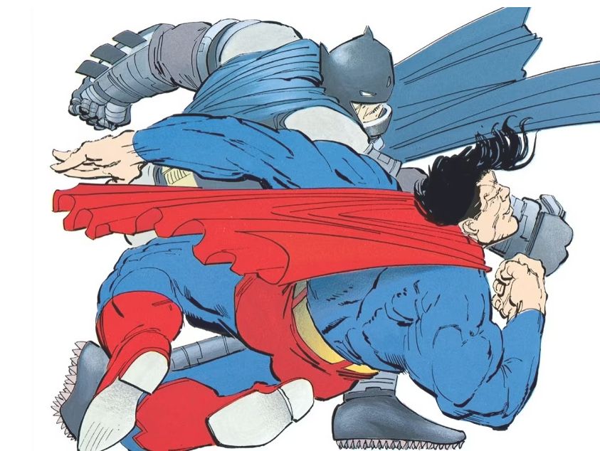 Batman in the power suit from the end of the DARK KNIGHT RETURNS pummels a weakened Superman 
