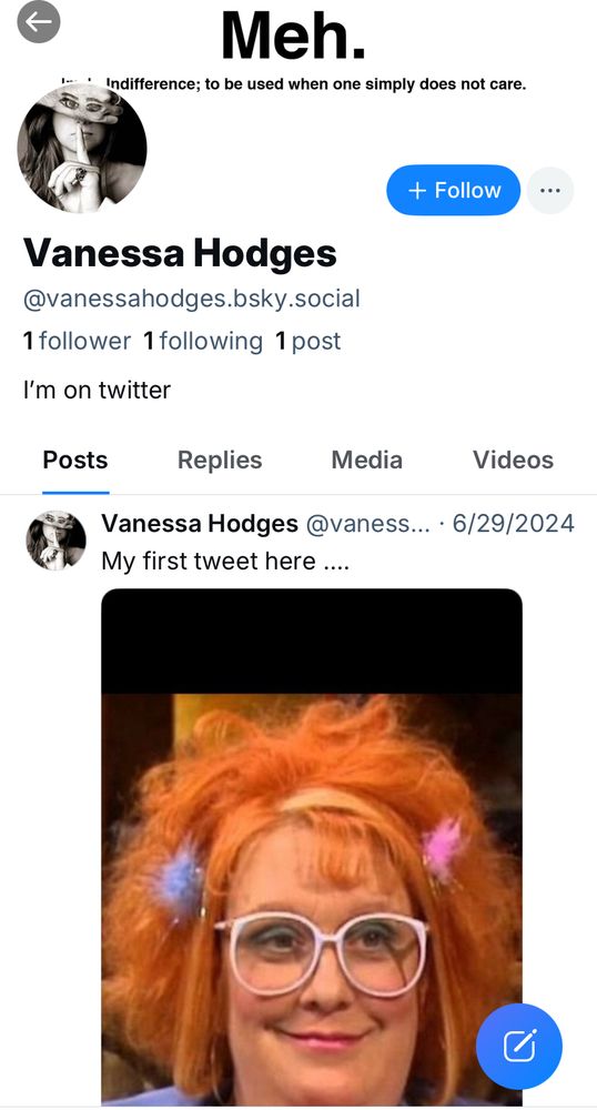 The Bluesky account profile of a vicious, rude Xitter (prounounced sh) resident. (Cover photo) Meh. indifference; to be used when one simply does not care. Vanessa Hodges @vanessahodges.bsky.social| 1 follower 1 following 1 post I'm on twitter Posts Replies Media Videos (The only post on her profile) Vanessa Hodges @vaness... • 6/29/2024 My first tweet here .... A picture of a bright redheaded caucasian women with exceptionally highly teased hair. She is wearing one pink and one blue hair adornments. (This writer cannot discern whether those are barrettes, ribbons or flowers.) She is wearing over-sized pink-framed rose-colored glasses and does have the 