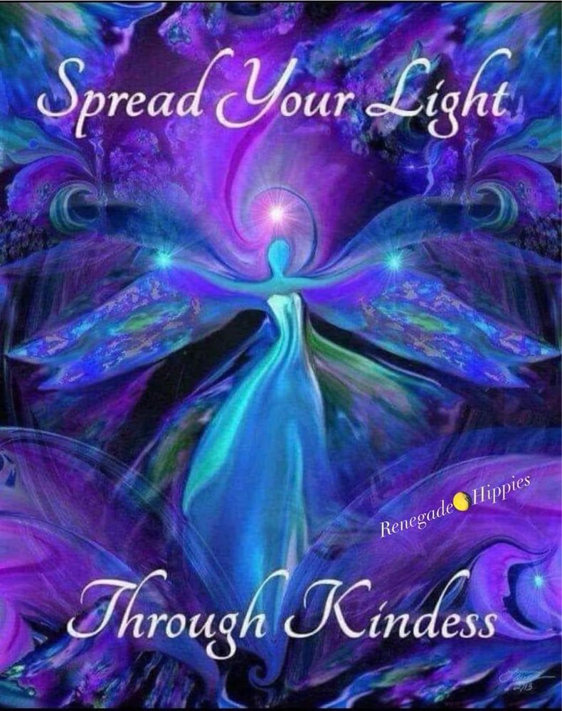 The shape of a tall blue, purple and aqua streaked angel with large spread purple wings on a brighter purple and black background giving the impression of a night sky with wispy clouds. Caption: Spread Your Light Through Kindness graphic designed by Hippies Renegade