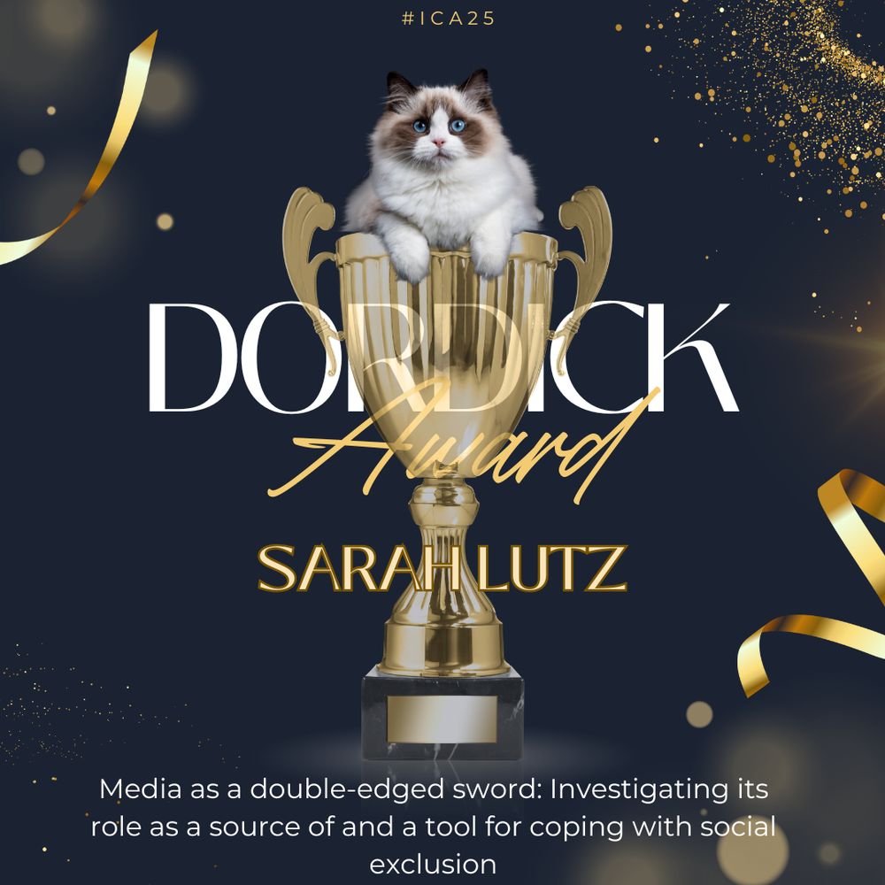 graphic for Sarah Lutz winning the Dordick dissertation award. A cat in a trophy.