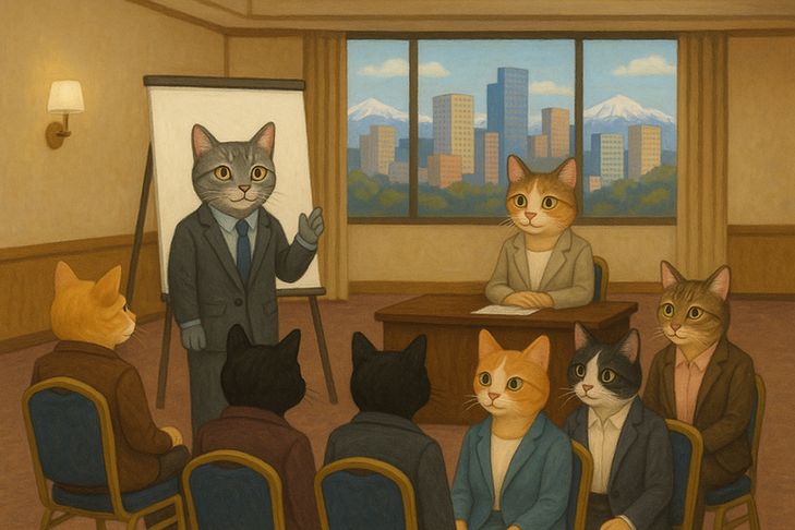 Ai image of cats at a meeting 