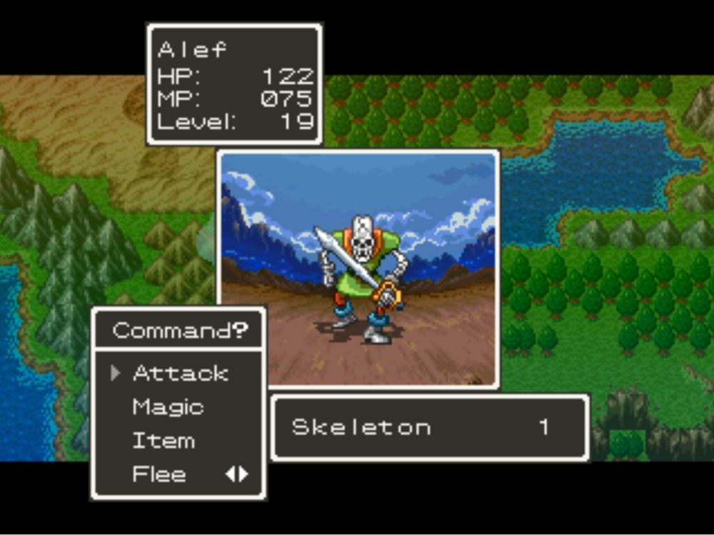 The combat screen from Dragon Quest +. The hero is fighting a skeleton.
