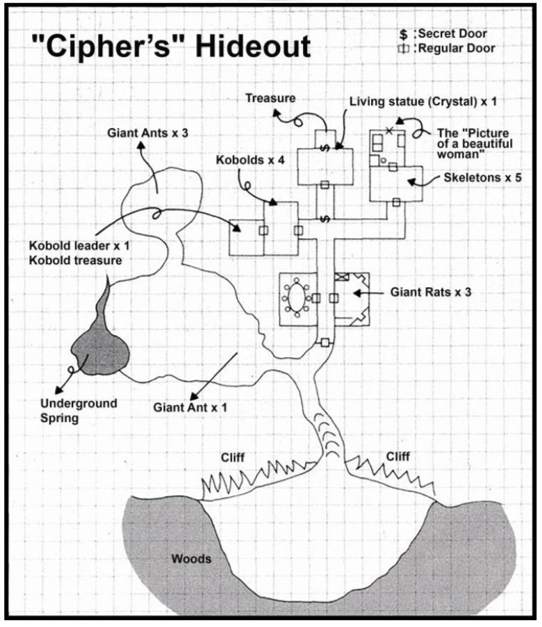 Map of Cipher's Hideout, a dungeon full of low level monsters.